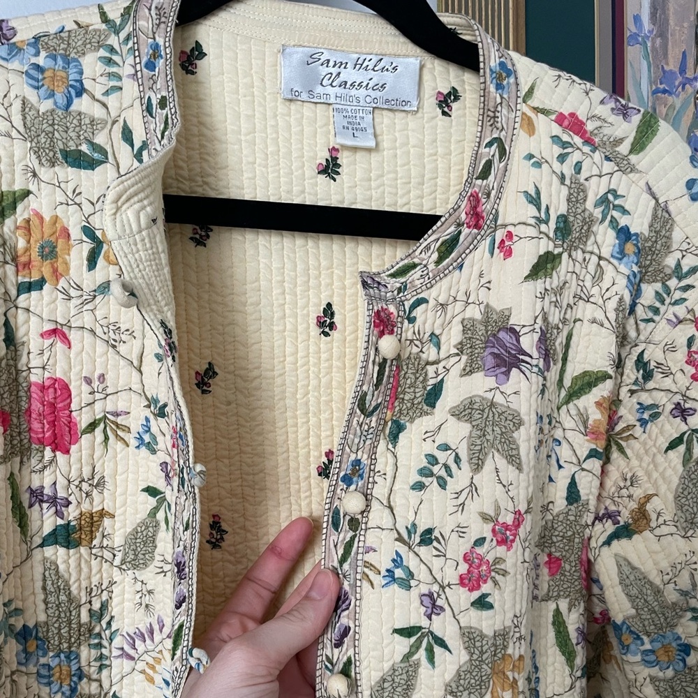 vintage gardencore quilted floral patterned button down jacket ivory size L - Picture 4 of 10